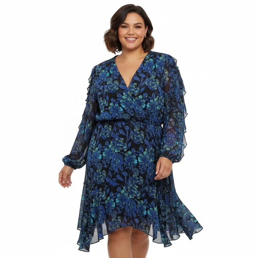 Danny and Nicole Faux Wrap Dress 16 Blue Floral Handkerchief Hem Ruffle Fairy